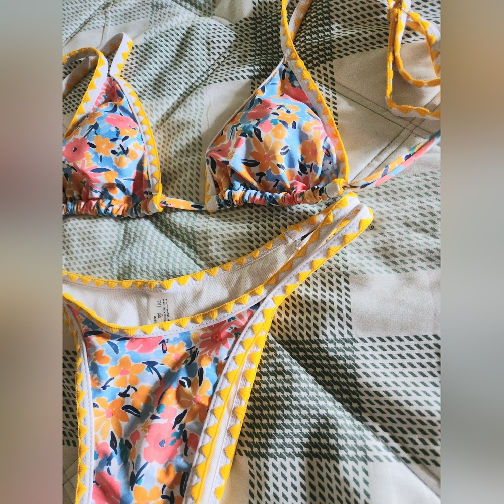 Floral Bikini Set with Yellow Trim